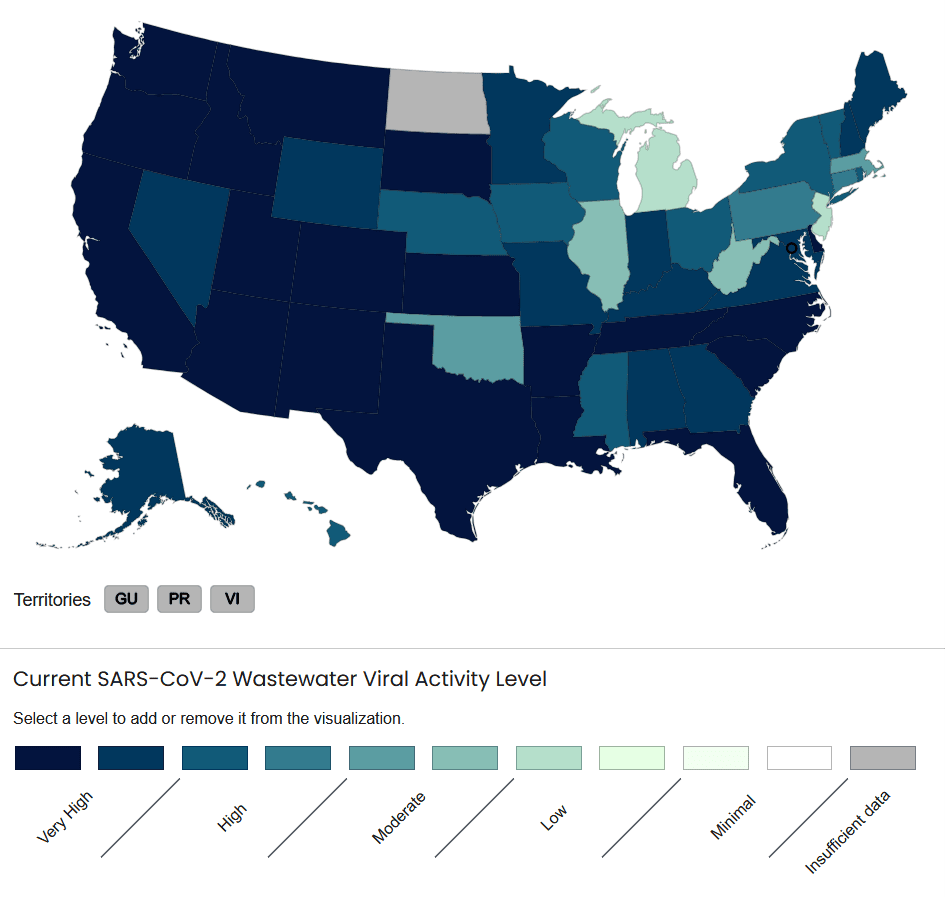 CDC map of SARS-CoV-2 Wastewater Viral Activity Level